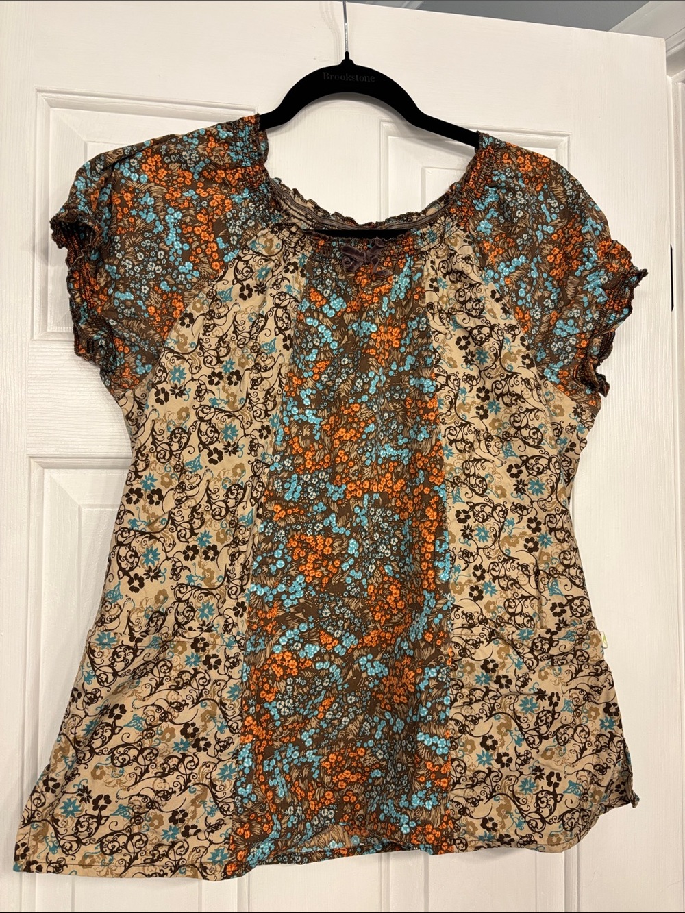 healing hands Floral Short Sleeve scrub top in Cream, Brown & Turquoise